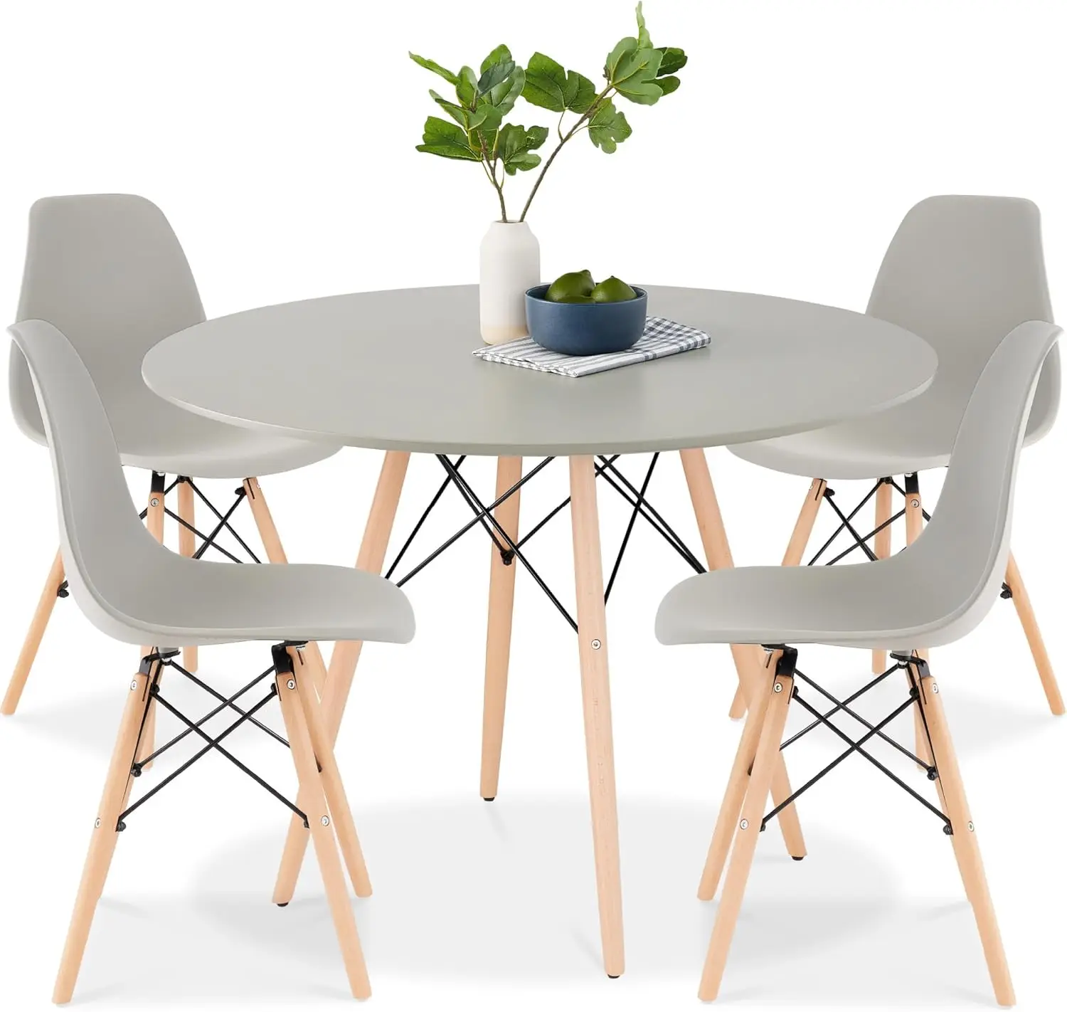 5-Piece Dining Set, Compact Mid-Century Modern Table & Chair Set for Home, Apartment w/ 4 Chairs, Plastic Seats, Wooden Legs