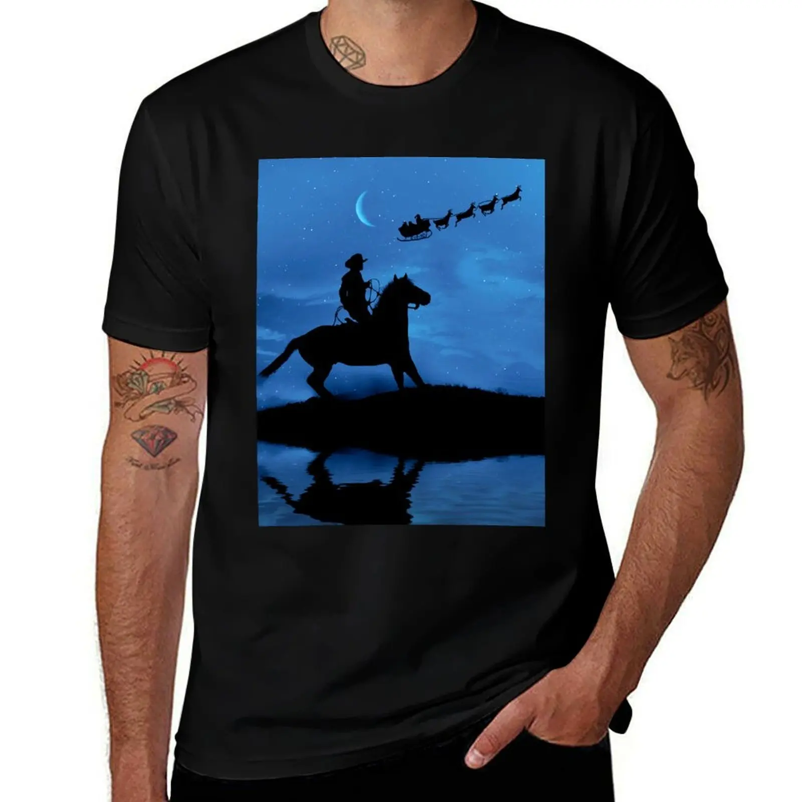 

Country Western Cowboy and Horse with Santa and Sleigh Christmas Eve Night T-Shirt customs plain white t shirts men