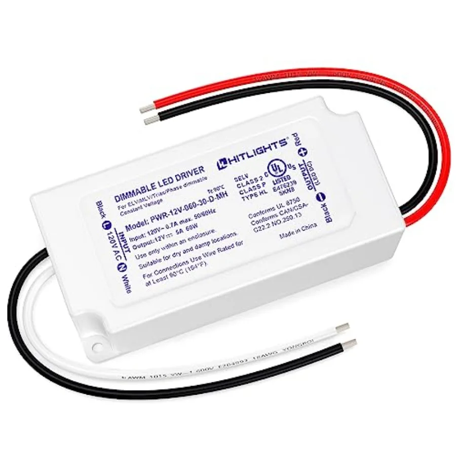 

60W Dimmable LED Driver Electronic Transformer 120V AC to 12V DC Power Supply for LED Strip Light Low Voltage Lighting Project