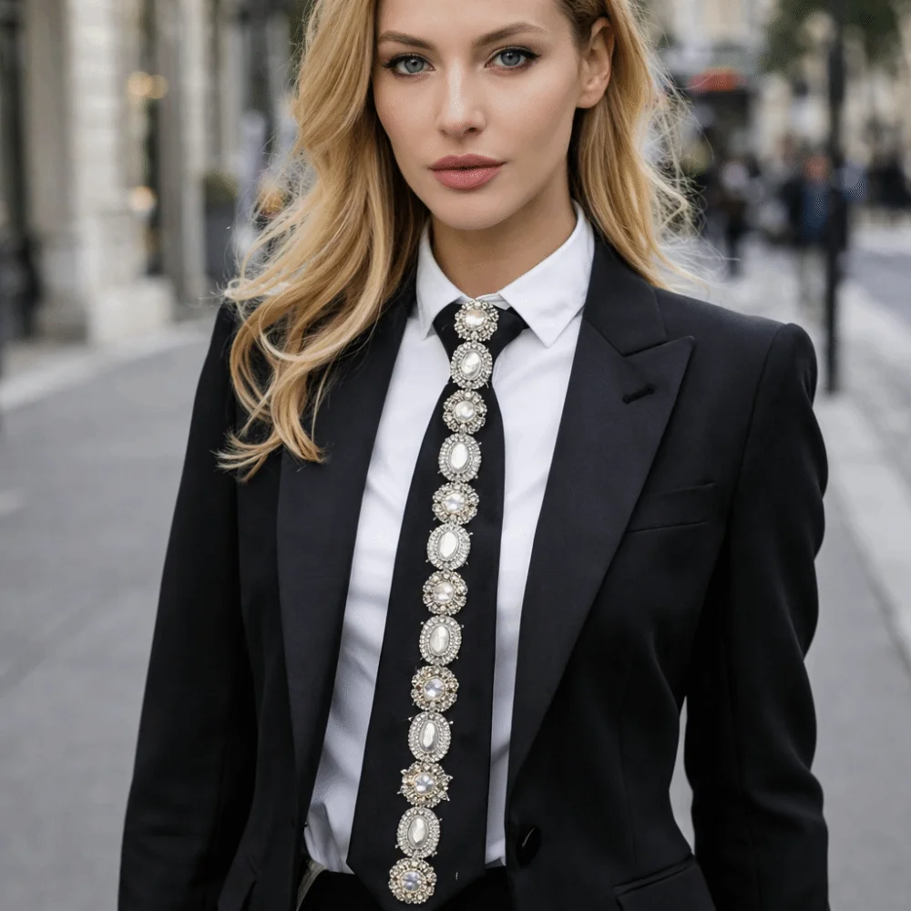 

Elegant Korean Style Rhinestones Tie Black Academic Style Long Necktie Sparkly Versatile Decoration Shirt Tie Daily