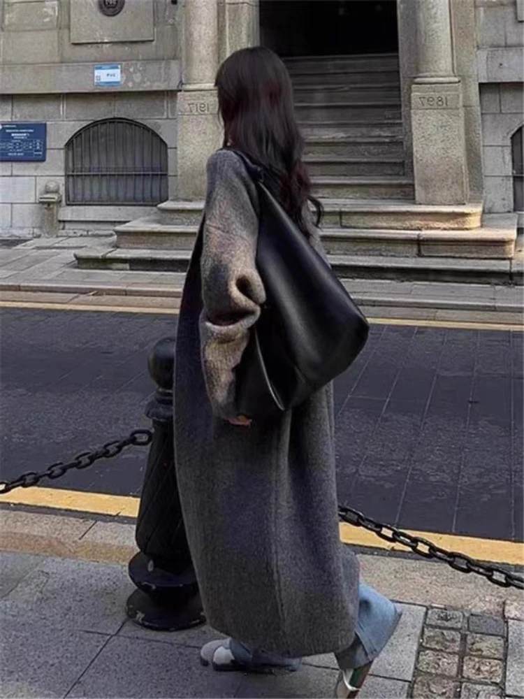 ヴィンテージニットカーディガン女性秋冬厚みのあるグレーエレガントな特大ロングコートスリムフィットルーズフィット居心地の良いセーターニットウェア