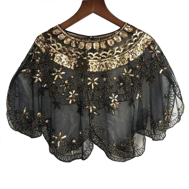 New Women Vintage 1920s Shawl Beaded Sequin Fringe Flapper Bolero Sheer Floral Embroidery Mesh Shrug Cape Fancy Party Cover Up