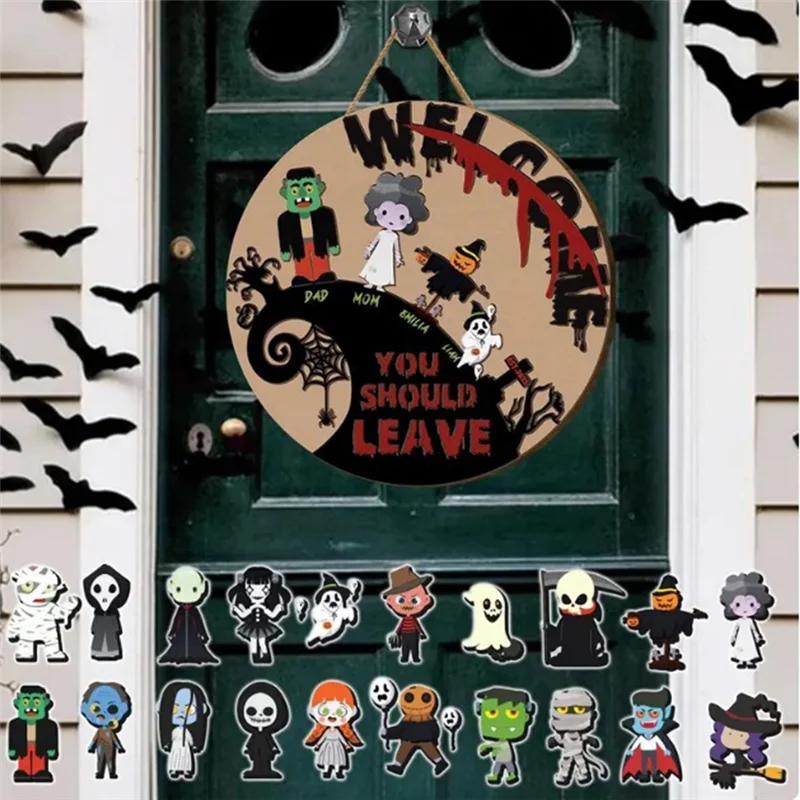 ديكورات جدار الباب الأمامي، لافتة ترحيب قابلة للتبديل مع 21 أيقونة قابلة للتغيير لساحة شرفة الهالوين الخريفية-AA25
