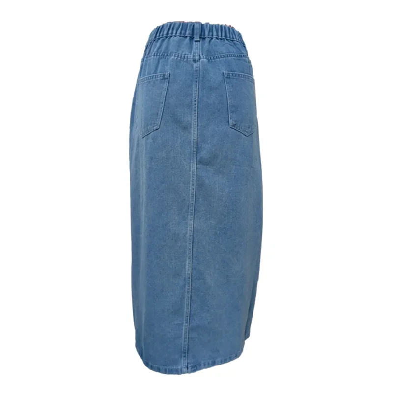 Vintage Stretch Elasticated Waist Women Denim Skirt Side Split Hem Commuter Half-body Dress Female Comfortable Casual Streetwear