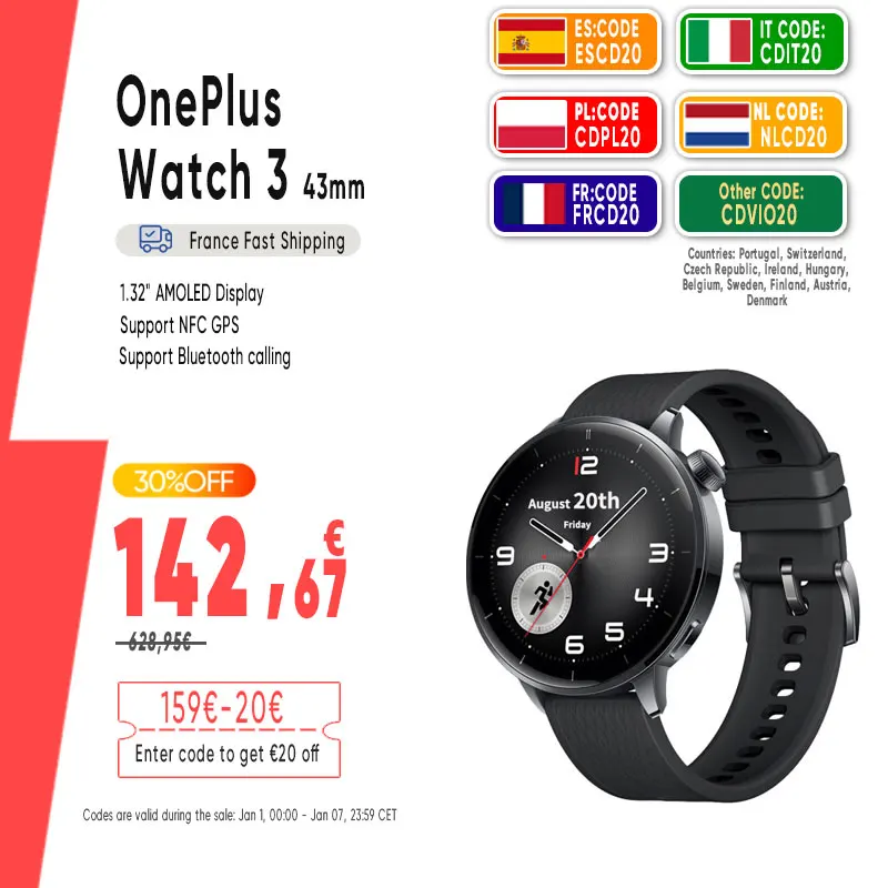 OnePlus montre 3 43mm Version mondiale montre intelligente 1.32 "AMOLED affichage prise en charge NFC GPS Bluetooth appel SpO2 détection de chute