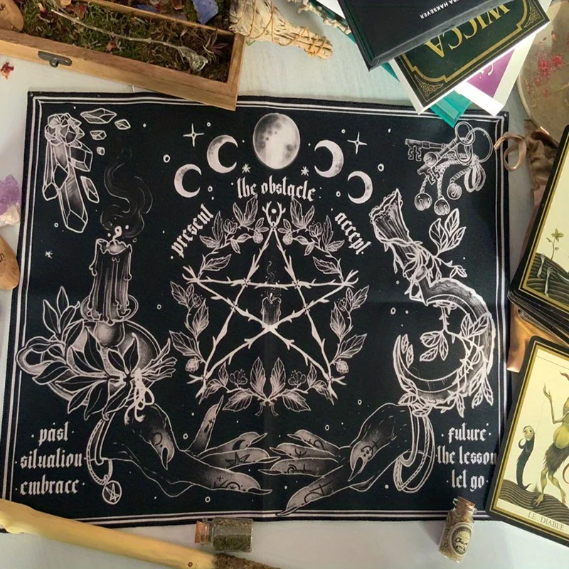 VIKAMA Mysterious Witch Pentagram Moon Phase Tapestry Black and White Magic Ceremony Print Halloween Horror Spooky Season