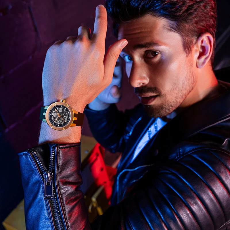 BONEST GATTI メンズ自動巻き時計 45 ミリメートル機械式腕時計サファイアガラス発光スケルトンダイヤルフッ素ゴムストラップ