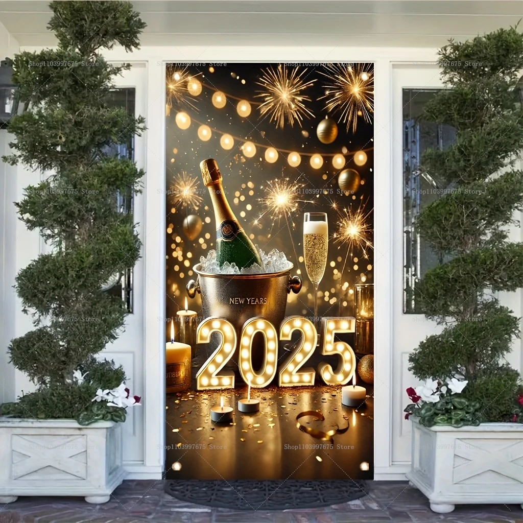 2025 Happy New Year Door Cover Banner Fireworks Champagne Celebration Christmas Party Backdrop Indoor Outdoor Background Decor