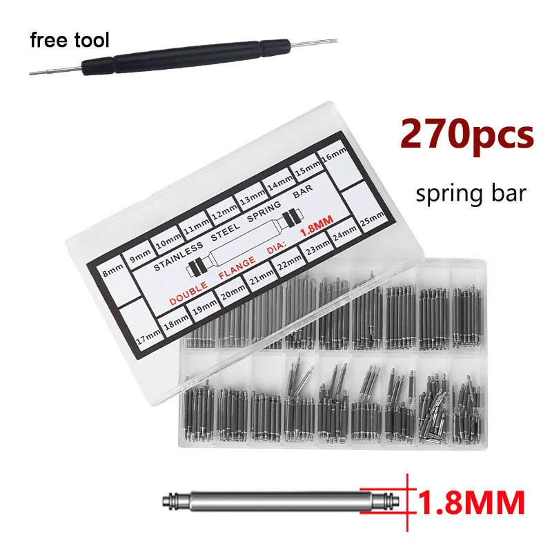 270pcs/ Box Watch Band Spring Bar 1.8mm Diameter Strap 8-25mm Pins Watch Repair Link Pins Tool Set Professional Tool Accessories