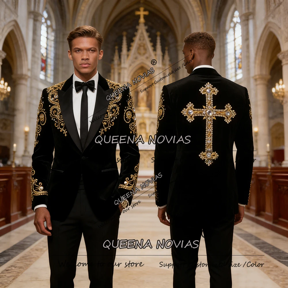 

Мужской модный костюм для свадьбы, эксклюзивный золотой блейзер с стразами, индивидуальный пошив, комплект из 2 предметов, мужская официальная одежда, смокинг.