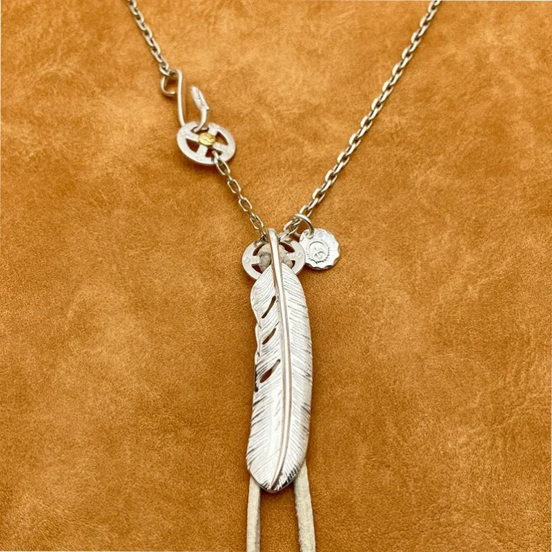 Classic Goros Minimal Retro Silver Feather Pendant Chain Cross Wheel Clasp White Deerskin Tassel Handmade Simple Matching Street