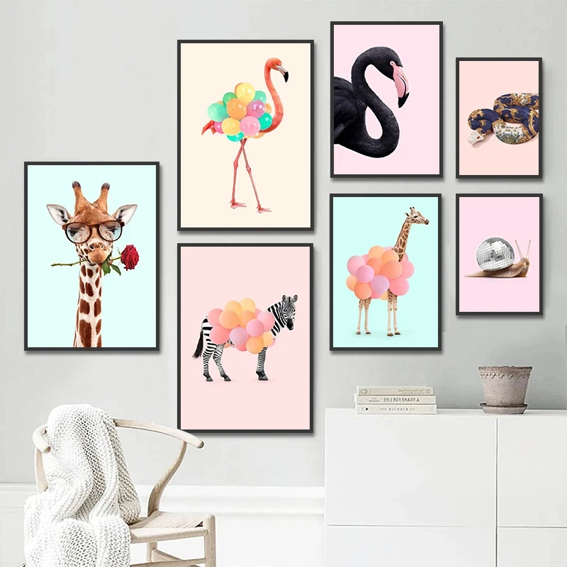 Funny Fashion Giraffe Zebra Flamingo Party Poster Animals Canvas Painting Wall Art Print Picture for Kid Room Home Decoration