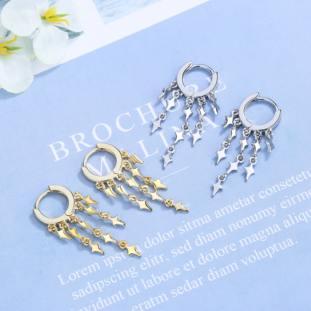 Real 925 Sterling Silver Lightning Star Long Tassel Hoop Earrings For Women Mother's Day Jewelry Creole Huggies DA3139 - view 6