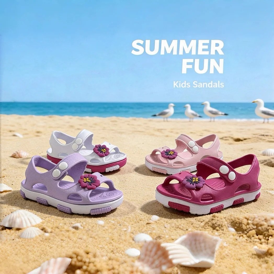 

Toddler Girls Sandals Multi-Color Flower Decor Velcro Closed Toe Summer Outdoor Breathable Shoes