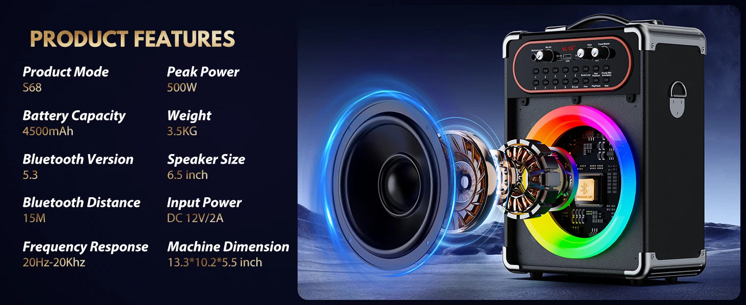 S68 Karaoke Machine with 2 Microphones,Gatherings and Parties, PA System with Echo Adjustment for Adults, Stage-subwoofers
