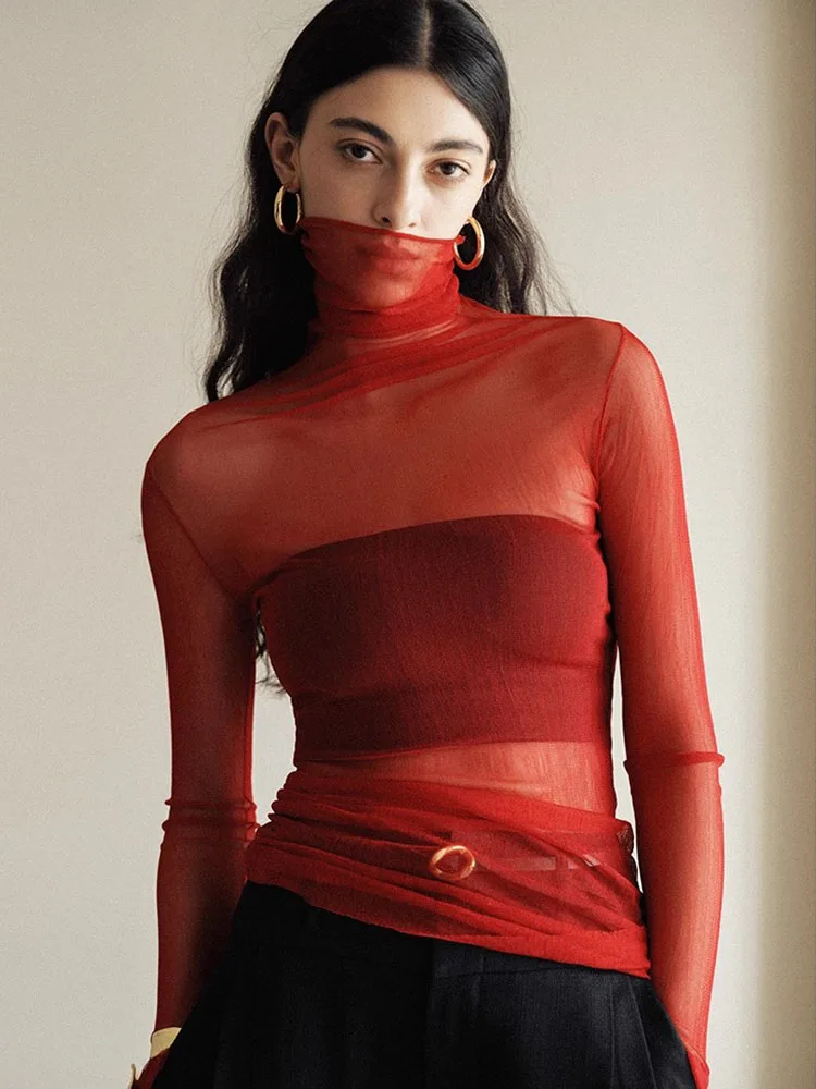 Fashionable High Neck Lace Base Shirt Women's Autumn Winter Inner Wear Layered Transparent Net Shirt Sexy Style Long Sleeve T...