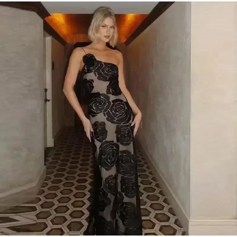 Suninheart Evening Dresses Women Elegant 2024 One Shoulder Sexy Mesh Dress Maxi Flower Wedding Guest Party Dresses Bodycon
