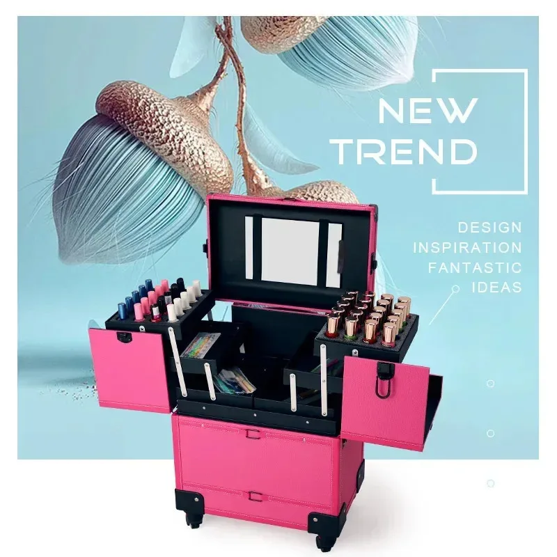 2025 Large Capacity Makeup Case with Pull Rod Multi-Layer Storage Universal Wheel Beauty Tool Box for Embroidery