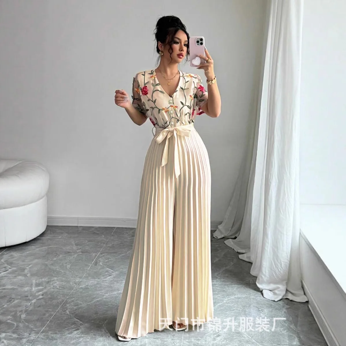 

Women's Clothing 2026 New Style Women's Mesh Embroidery Patchwork Short Sleeve Pleated Jumpsuit Vestidos Robe Bandage