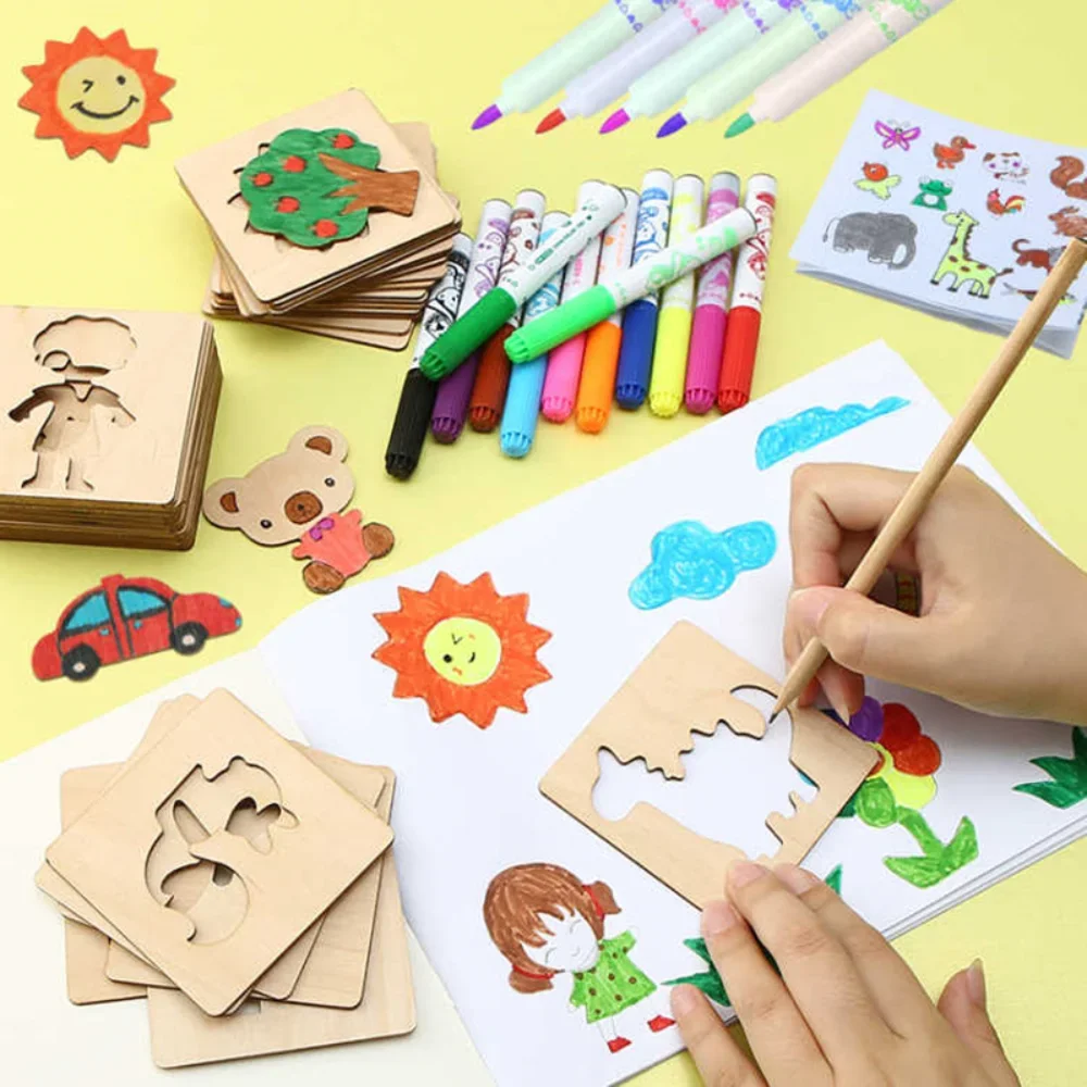 20/32Pcs Kids Montessori Drawing Toys Wooden DIY Painting Template Stencils Education Toys for Children Funny Drawing Learning