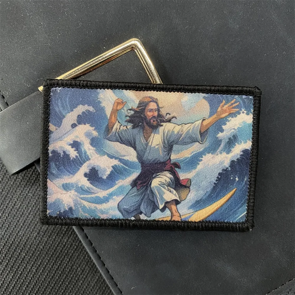 Surfing Jesus Morale Badge Patches Kanagawa Wave Tactical Armband Printing Hook and Loop Cloth Stickers Backpack Helmet Patch