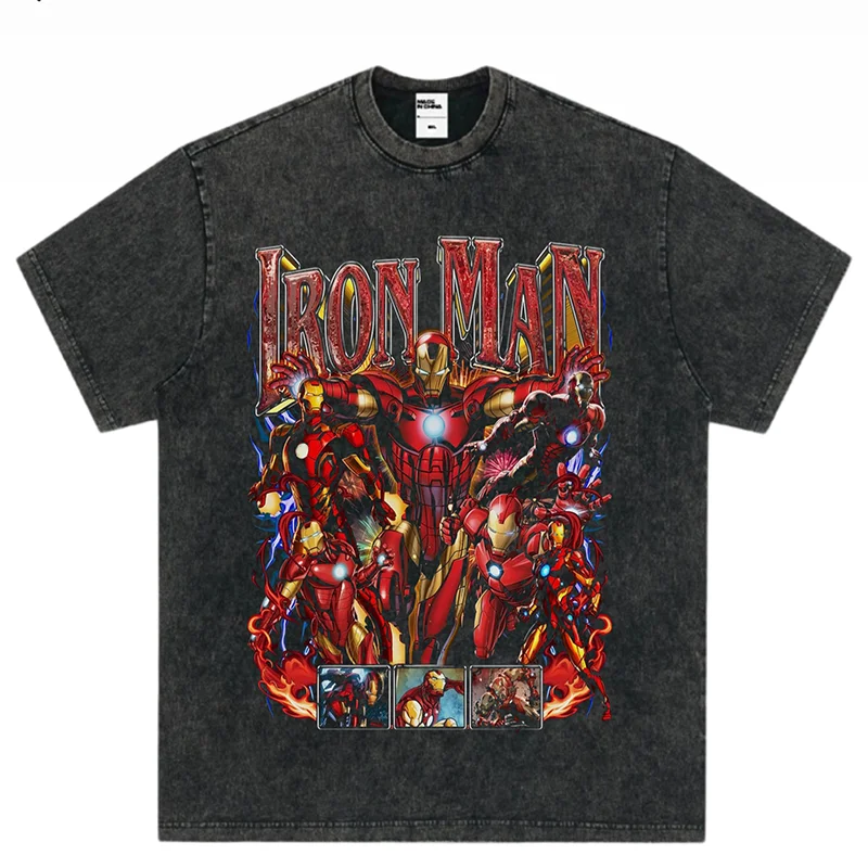 Marvel Spider-Man Wolverine Print vintage washed short sleeve top men's cotton casual T-shirt y2k men's and women's half sleeve