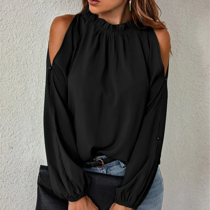 Sexy Off Shoulder Women\'s Blouse 2024 Spring Autumn Long Sleeve Casual Loose Shirt Black Green Tops Office Ladies Blouses