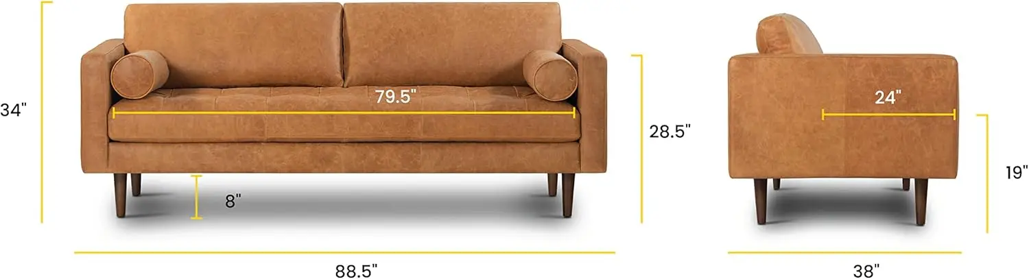 Cognac Tan Brown Leather Couch 88.5