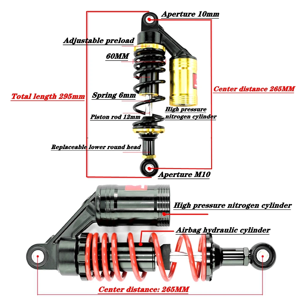 265mmMotorcycle Rear Shock Absorber scooter Electric Bike Rear Suspension Fit For Honda Yamaha RSZ JOG Niu Ninebot Dirt Pit Bike