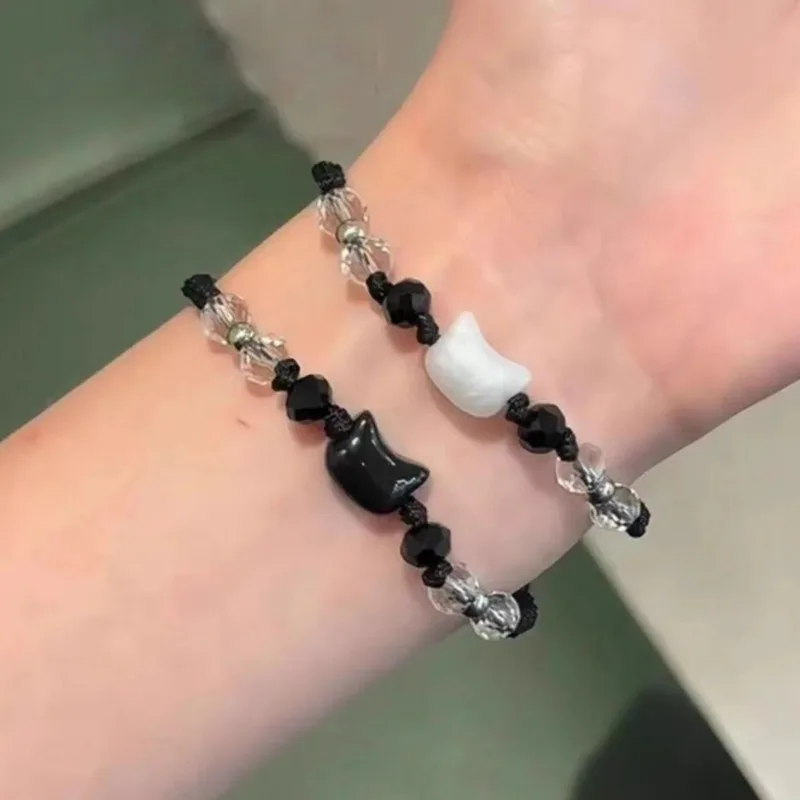 2 stuks natuurlijke maansteen obsidiaan armbanden paar minimalistische armband handgemaakte schattige zwart witte kat armband partij sieraden geschenken