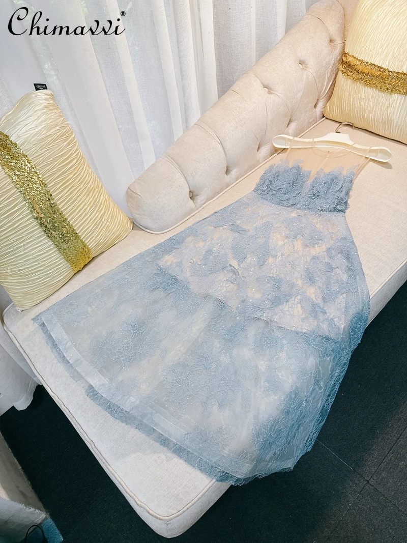 Abito senza spalline trasparente con paillettes a fiori 3D patchwork di pizzo leggero di lusso da donna 2025 Nuovi abiti lunghi per feste di compleanno con fata pesante