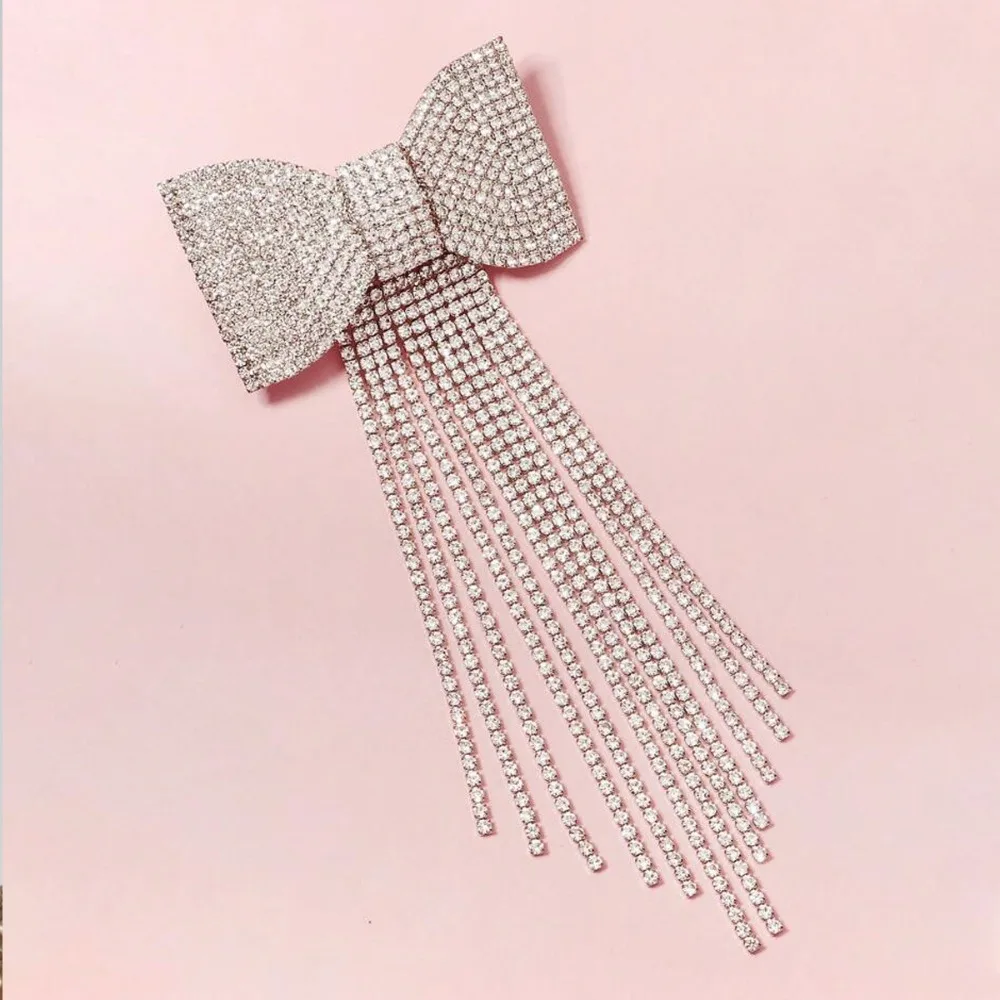 Rhinestone Bow Fringe szpilka do włosów dla kobiet moda temperament spinka do włosów koreańskie światło luksusowe złoty kolor srebrny akcesoria do włosów — zdjęcie 6