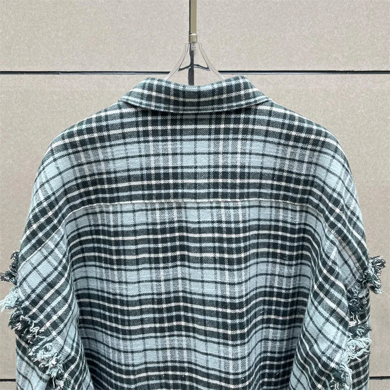 قميص نسائي جديد لخريف 2025 بلوزة نسائية من القطن بأكمام طويلة وشرابة مغسولة وصدر واحد بلوزة نسائية منقوشة y2k