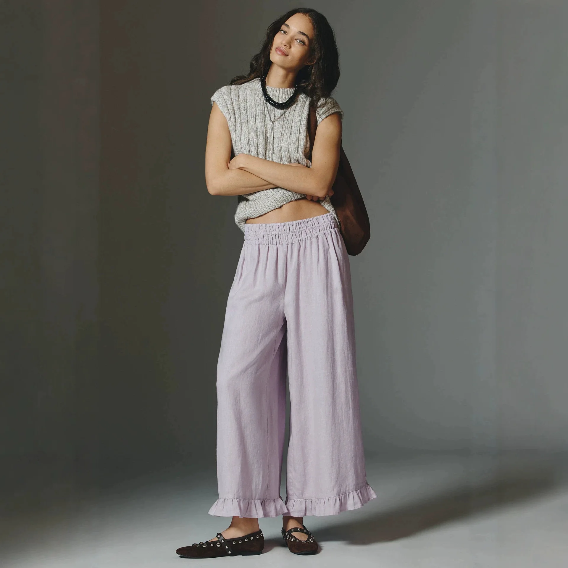 Cotton Linen Wide Leg Pants Women Summer Elastic Waist Slimming Casual Straight Cut Linen Nine Points Skinnies Artistic Style