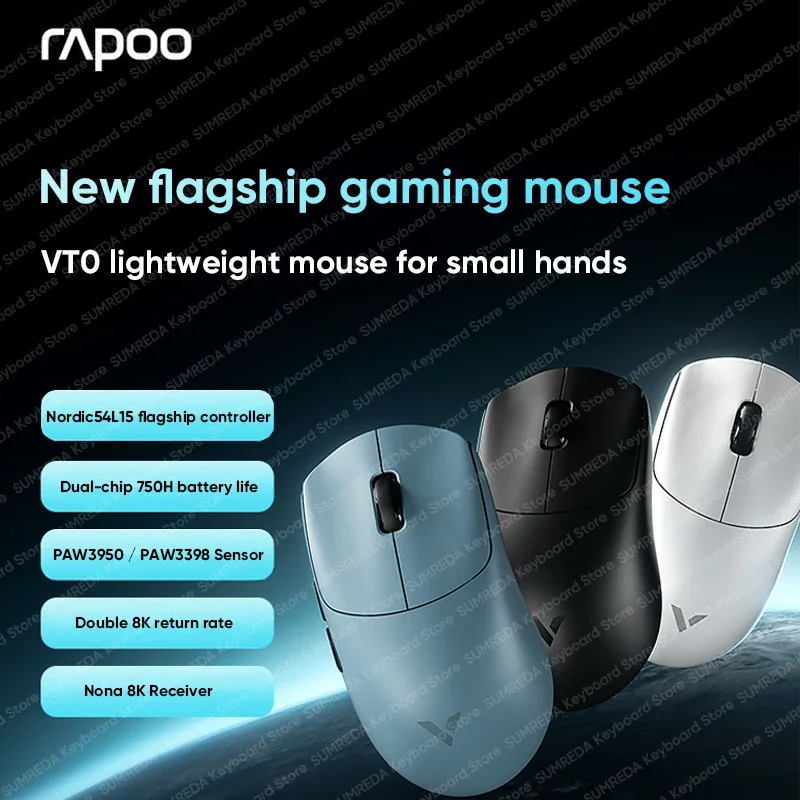 

Беспроводная игровая мышь Rapoo VT0 MAX PAW3950 PAW3398 Nordic54L15, двойной чип 8 кГц, 45000 точек на дюйм, эргономичная игровая мышь FPS для ПК, геймера