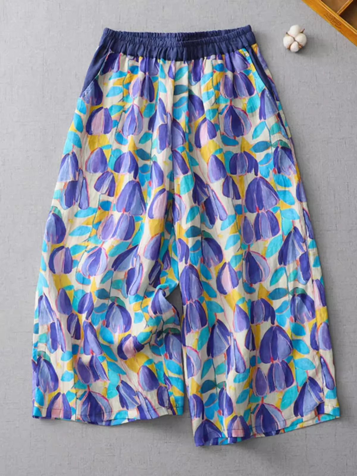 Pantalones de pierna ancha de estilo bohemio para mujer, pantalón largo hasta el tobillo con estampado Floral Vintage literario, novedad de verano, 2024