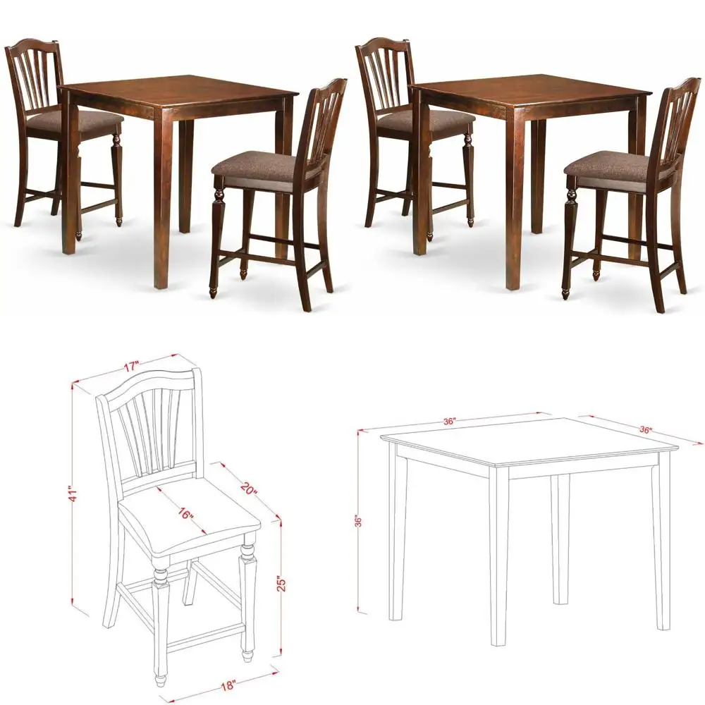 주방용 사각 펍 테이블과 린넨 의자 2개가 포함된 카운터 높이 식탁 세트