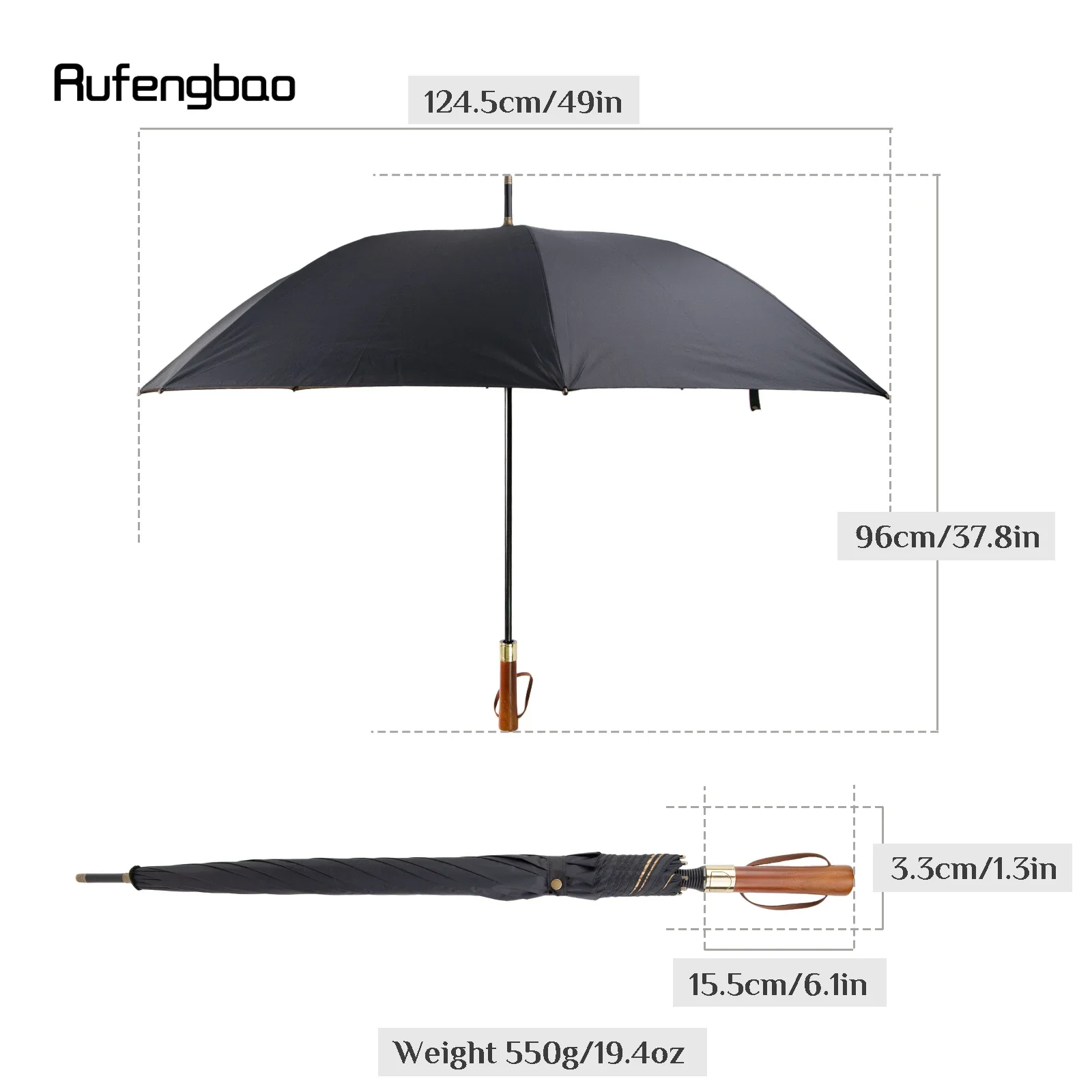 Parapluie automatique noir coupe-vent, manche en bois, 8 os, long manche, parapluie agrandi pour les jours oste nommée et pluvieux, 96cm