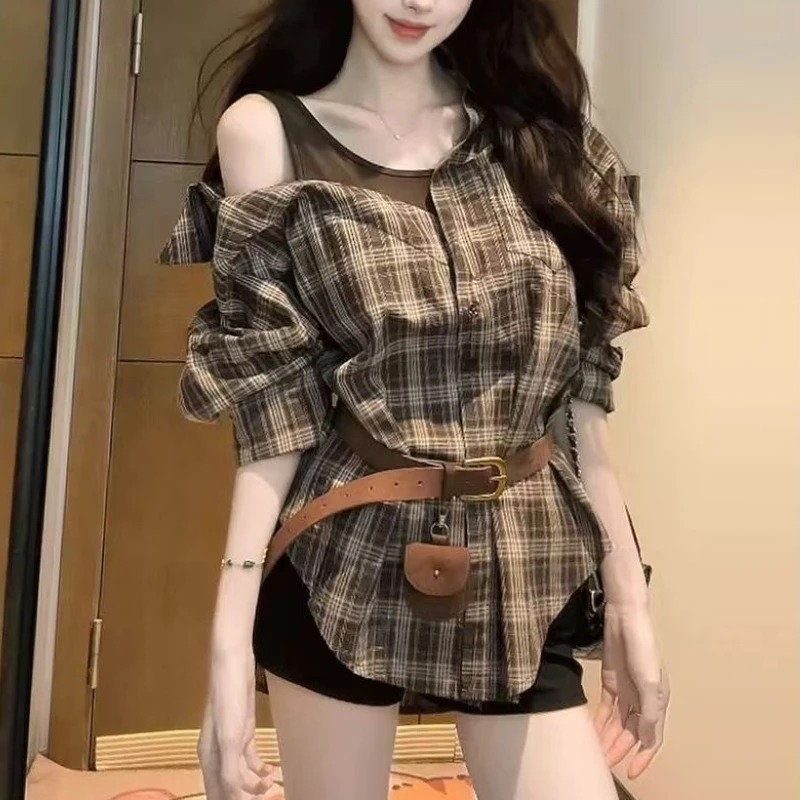 

Vintage Elegant Off Shoulder Blouses Women Loose Tank Spliced Korean Fashion Long Sleeve Shirts Autumn O Neck Blouse Women