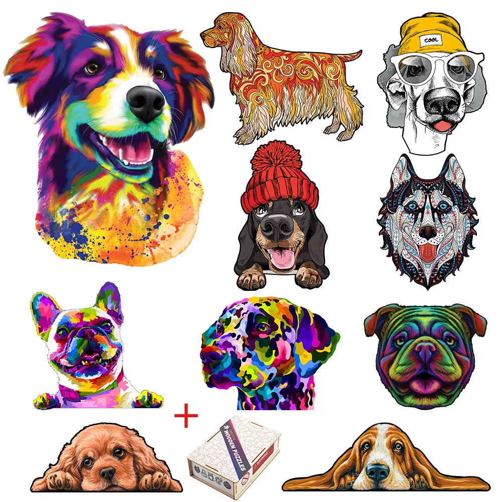 Dog 3D Wooden Puzzle Adult Kids Jigsaw Puzzles Puppy Animal Puzzles Boutique Gift Box Packaging Children Christmas Gifts Toys