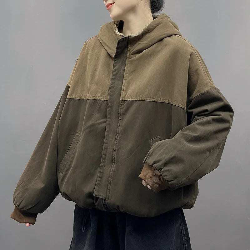 Masss Wasss 2025 Winter Women Fashion Reversible Design Fur Jackets Loose Warm Hooded Padded Coats Classic Casual Vintage Parkas