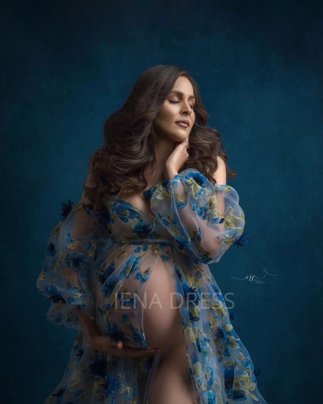 Vestido de maternidad de flores azules transparentes para mujer embarazada, vestido de maternidad Sexy de talla grande, línea A, para Sesión de fotos, 2024