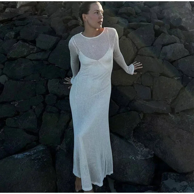 القطن متماسكة جوفاء فساتين بأكمام طويلة المرأة الصلبة منظور المايوه بلوزة طويلة الصيف عطلة الشاطئ التفاف فستان الأرداف #4