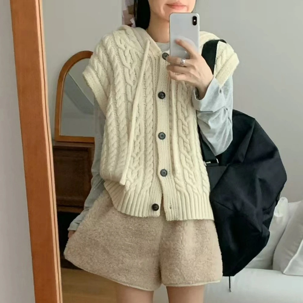 

Sleeveless Hooded Sweater for Women Single Breasted Design Early Spring Autumn South Korea Fried Dough Twists Knitted Cardigan