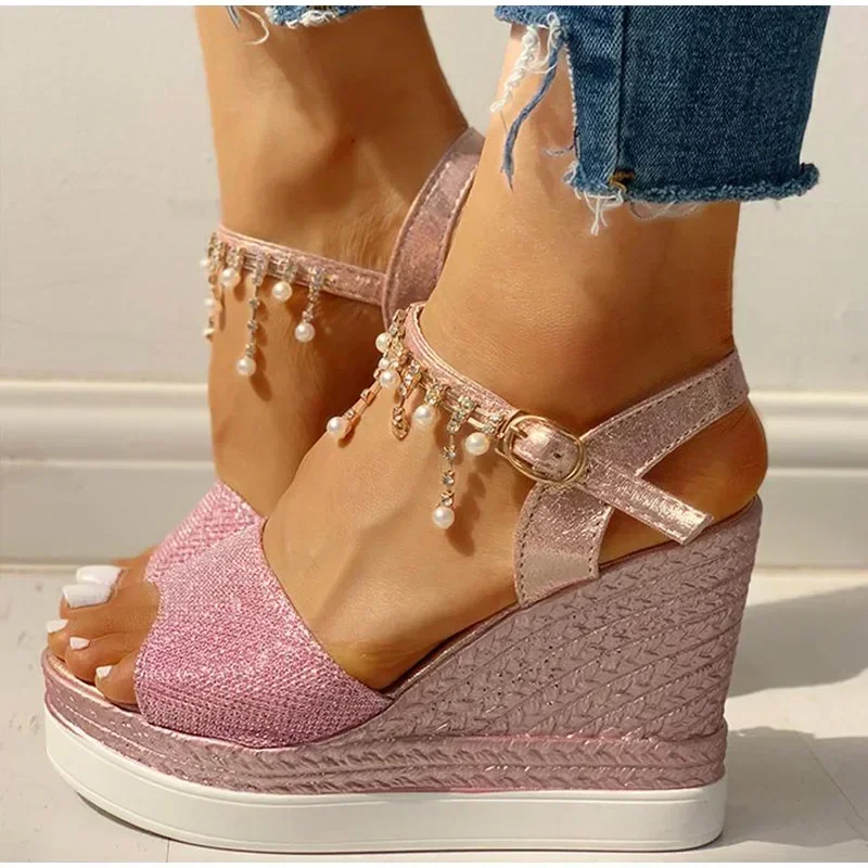 2024 New Women Wedge Sandals Summer Bead Studded Detail Platform Sandals Buckle Strap Peep Toe Thick Bottom Casual Shoes Ladies