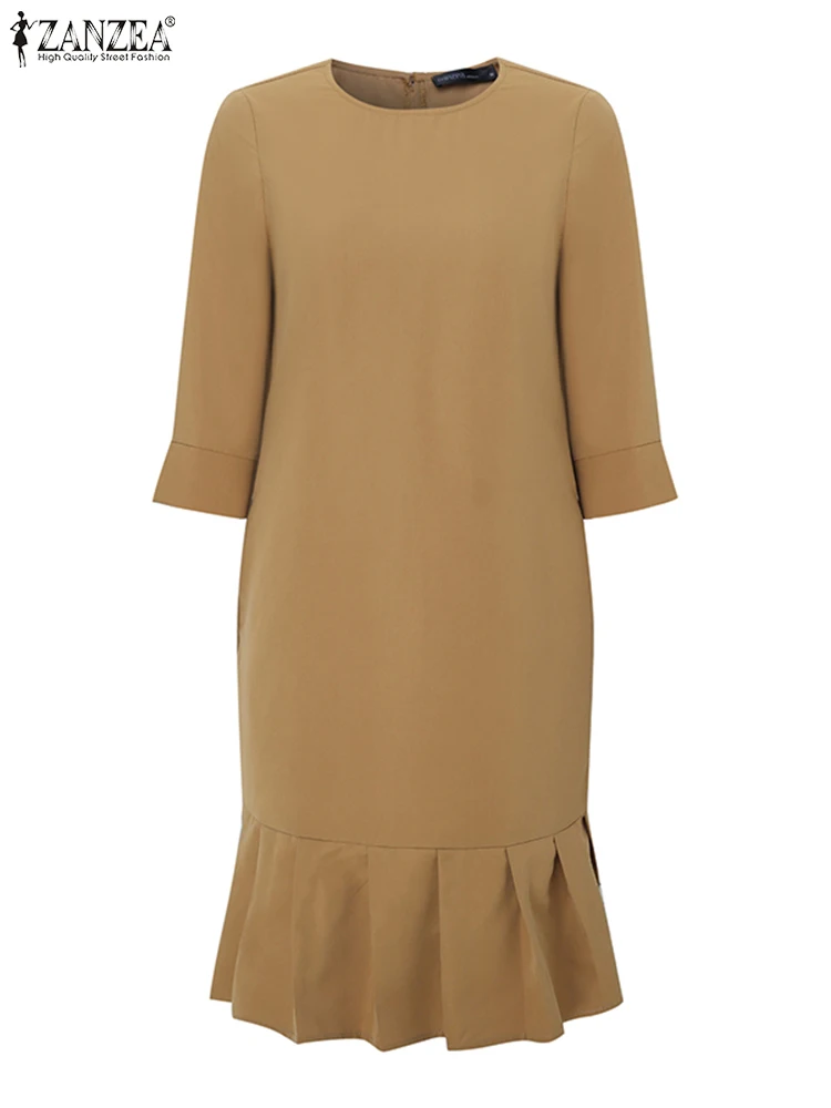 فستان صيفي للعمل من ZANZEA OL فستان نسائي أنيق لمنتصف الساق من ZANZEA 2025 بلون سادة وأكمام قصيرة مكشكشة فساتين غير رسمية برقبة دائرية