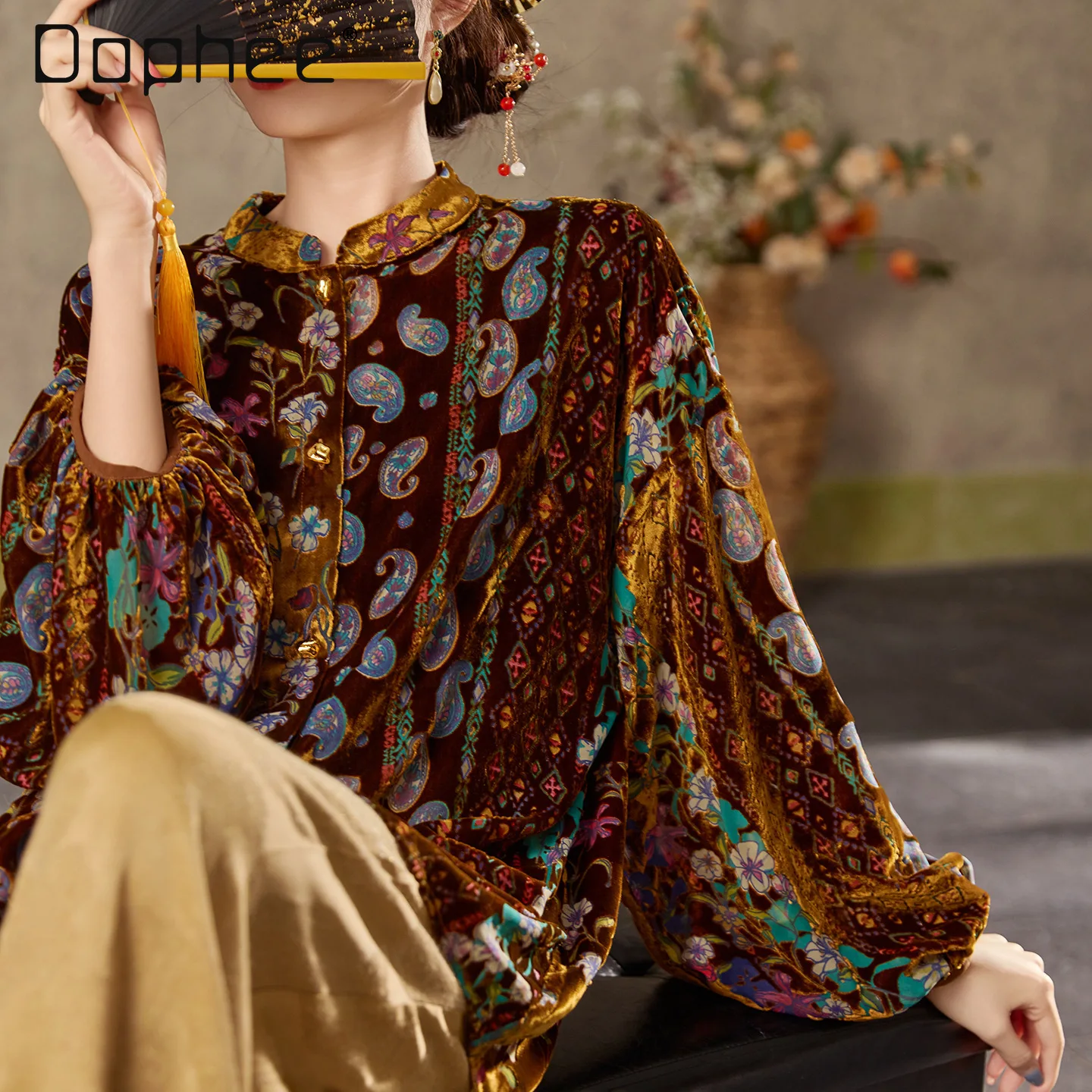 

Новая женская рубашка из китайского бархата в стиле ретро, с длинным рукавом, весна 2026, новая коллекция, высококачественная, с воротником-стойкой, свободного кроя, легкая роскошная рубашка