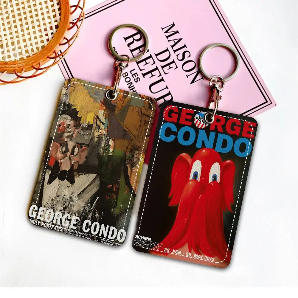 

George Condo Art 1Pc Access Card Case Leather Card Holder Keychain Key Ring Door Access Tags ID Card Case Keychain