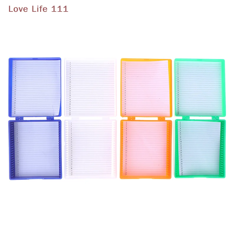 

Новый 4-цветный пластиковый стеклянный предмет для микроскопа, 25 шт., чехол для хранения биологических ломтиков, держатель для подготовленных предметных стекол микроскопа