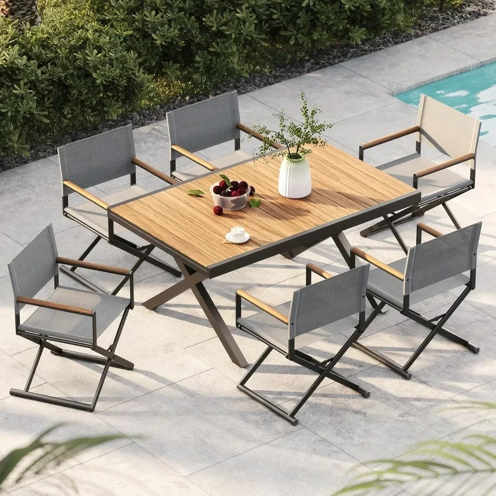 

7-Piece Outdoor Dining Set, 6 Extra-Wide Foldable Chairs & 1 Extendable Table, UV-Resistant Mesh, Patio Furniture Set